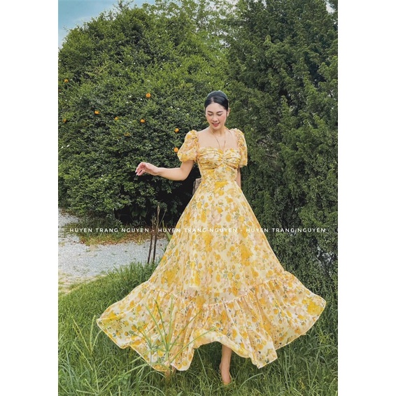 Đầm mixi hoa vàng bèo phồng