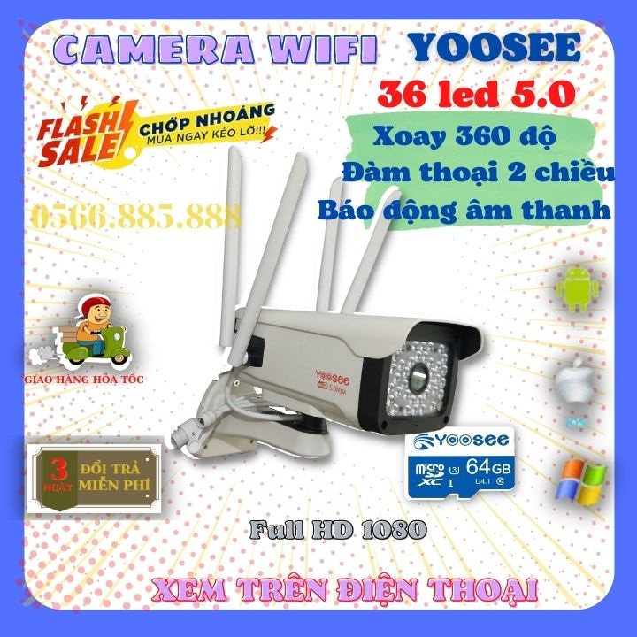 Camera YooSee ngoài trời Siêu nét 5.0mpx 1080P - 4 awnten 36 đèn led có màu ban đêm,cảnh báo chống trộm