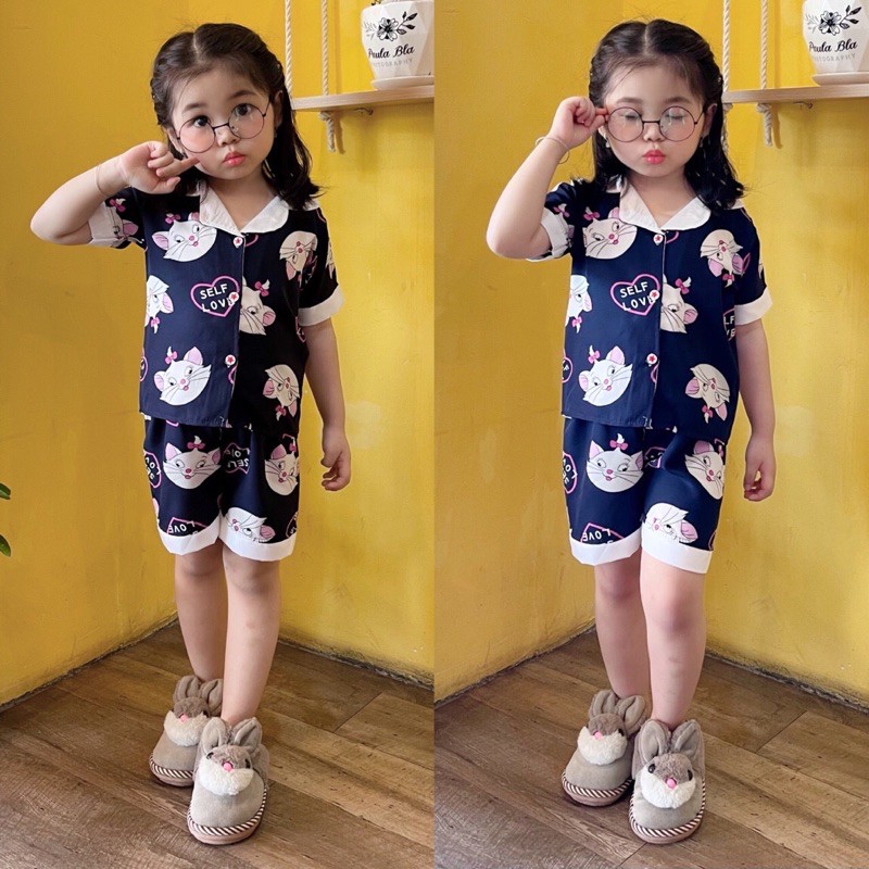 Bộ ngủ pijama bé gái tay ngắn quần ngắn chất lụa hàn mềm thoáng mát (10-22kg)