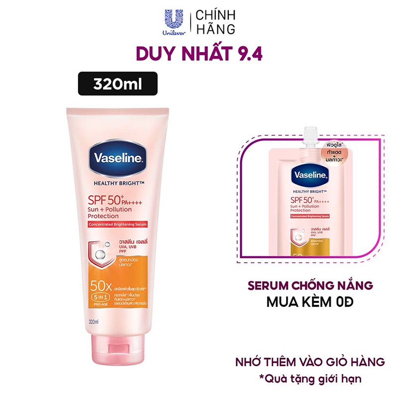 Serum chống nắng cơ thể Vaseline 50x bảo vệ da với SPF 50+ PA++++ giúp da sáng rạng rõ với Niacinamide 320ml