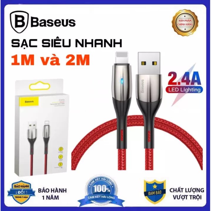 Dây Sạc Ipchính hãng Baseus Horizontal - Dây Sạc Nhanh 2.4A Có Đèn Báo Sạc,Hỗ trợ truyền dữ liệu Dài 1M/2M-BH 12T