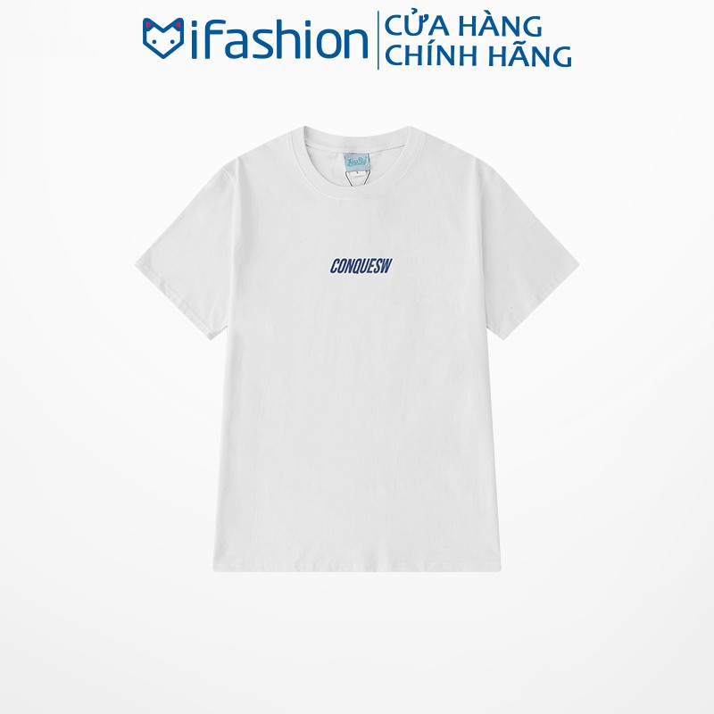 Áo thun basic IFASHION phông đơn giản nam nữ form rộng chất cotton mát in chữ CONQUESW N075