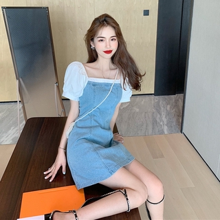 Đầm denim phối dây khoá kéo phong cách Hàn Quốc