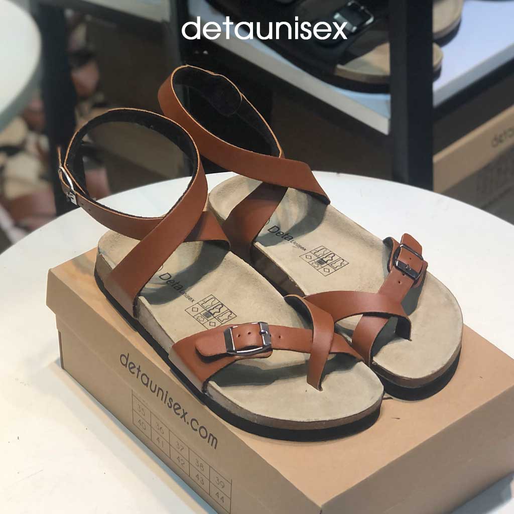 Dép Birken đế trấu giày sandal xỏ ngón dây quấn cổ chân Detaunisex  màu Bò  - SATA20B