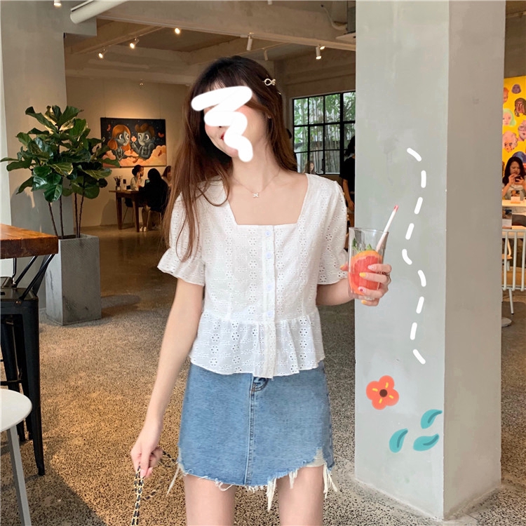 Áo sơ mi tay ngắn dáng ôm phối ren kiểu vintage thời trang mùa hè