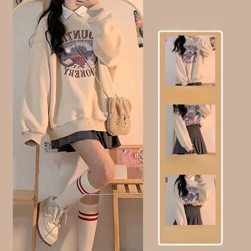 Bộ Áo Sweater Mỏng In Họa Tiết + Chân Váy Xếp Ly Lưng Cao Xinh Xắn Cho Nữ