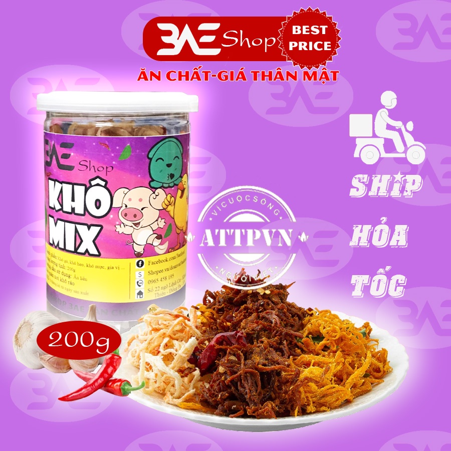 Khô mix 3 vị heo mực gà loại hộp 200g shop 3AE đồ ăn vặt Hà Nội ngon bổ rẻ