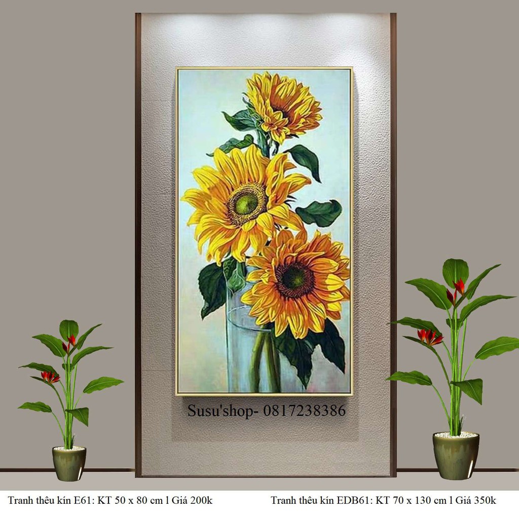 Tranh thêu chữ thập ( hàng sỉ) Hoa hướng Dương E61 (50*90 cm) EDB61 ( 70 x 130 cm) ( chưa thêu), hoa thược Dược LV3074