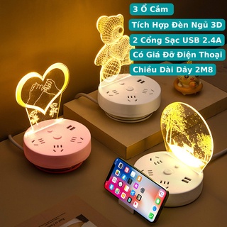 Đèn ngủ 3D Led tích hợp thêm 3 ổ cắm, 2 cổng sạc USB, có giá đỡ điện thoại siêu tiện lợi