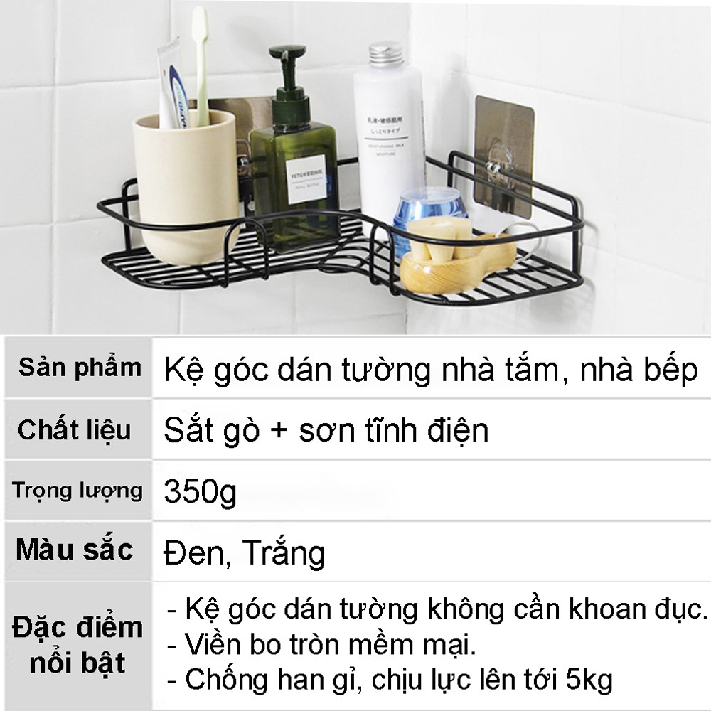 Kệ góc nhà tắm dán tường siêu dính chịu lực, kệ góc dán tường nhà tắm nhà bếp đa năng không gỉ sét