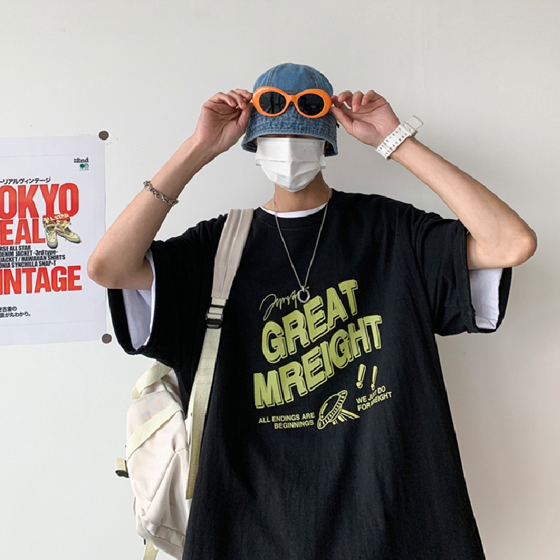 Áo thun tay ngắn cổ tròn dáng rộng in chữ phong cách Hàn Quốc size S-8XL cho nam