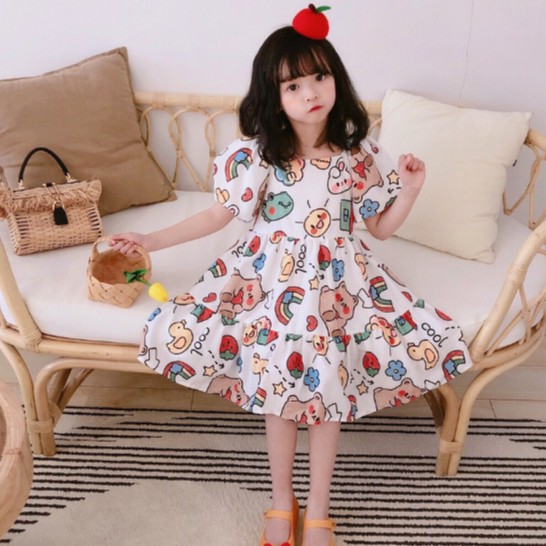 Korean children's clothing 2021 summer new girl cute cartoon graffiti princess dress female treasure sweet  princess dress kids fashion