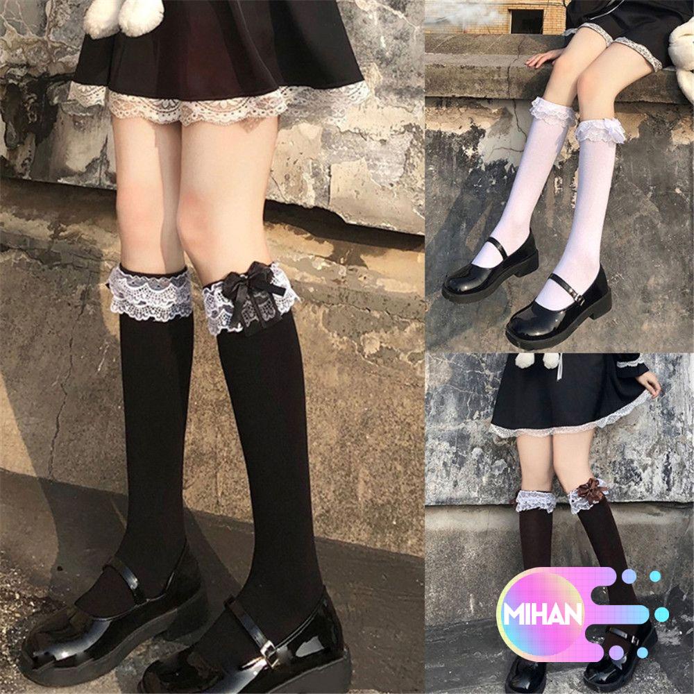 Vớ cotton cao đến đầu gối phối ren bèo Lolita dễ thương cosplay người hầu gái