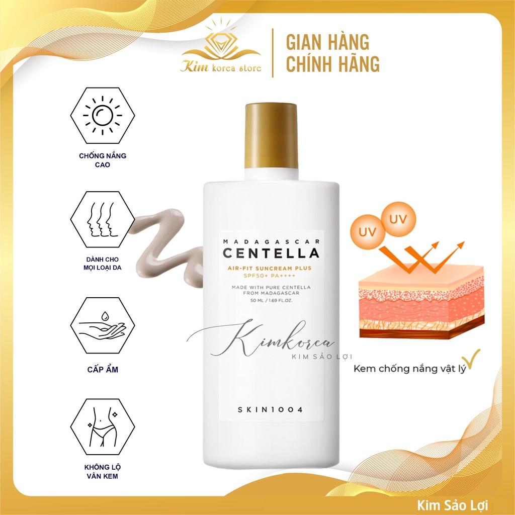 Kem chống nắng kiềm dầu nâng tone nhẹ dịu cho da mụn chiết xuất rau má Skin1004 centella madagascar air fit suncream