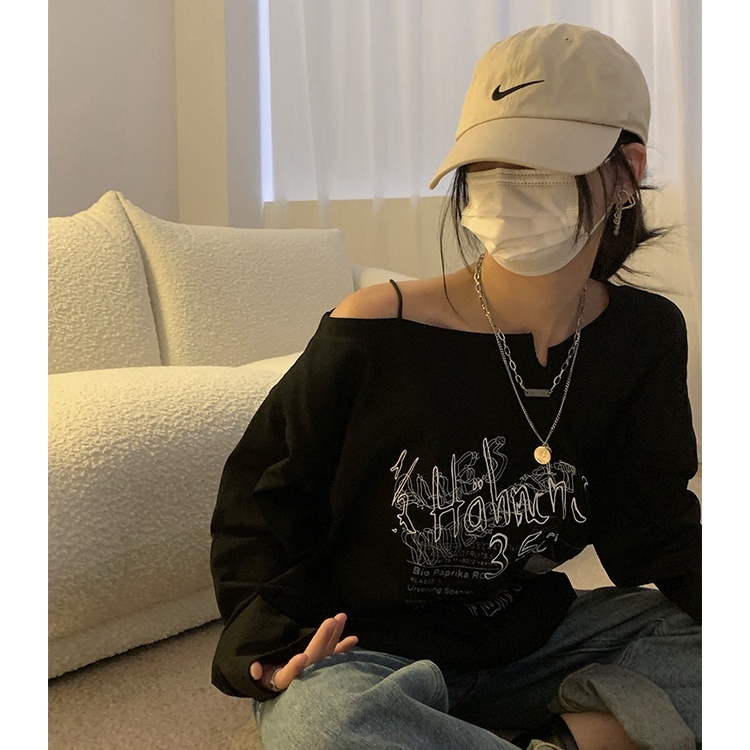 Ethelgirl Áo Thun Tay Dài Trễ Vai Họa Tiết Độc Đáo Phong Cách Cổ Điển Thời Trang Hàn Quốc Cho Nữ