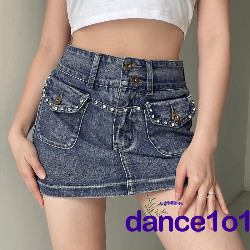 ✲IT✬Women´s Fashion Rhinestone High Waist Flap Pocket Mini Denim Skirts