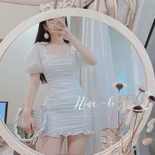 Đầm tay phồng nhún eo