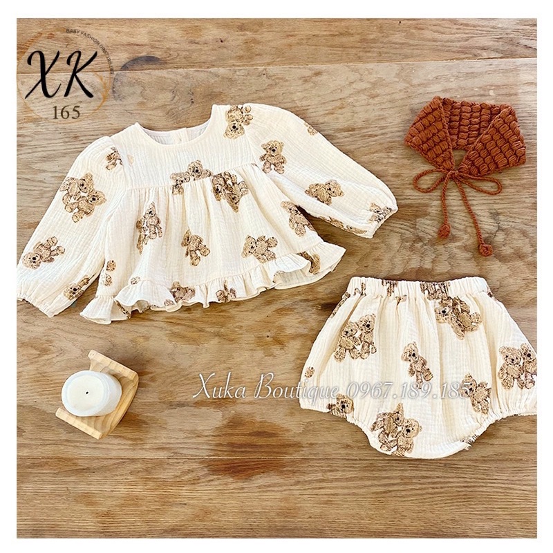 Bộ Quần Áo Dài Tay Kèm Mũ Bé Gái 0-2 Tuổi Hình Gấu Vải Đũi Galakoko Chính Hãng Style Hàn Quốc Cực Đẹp