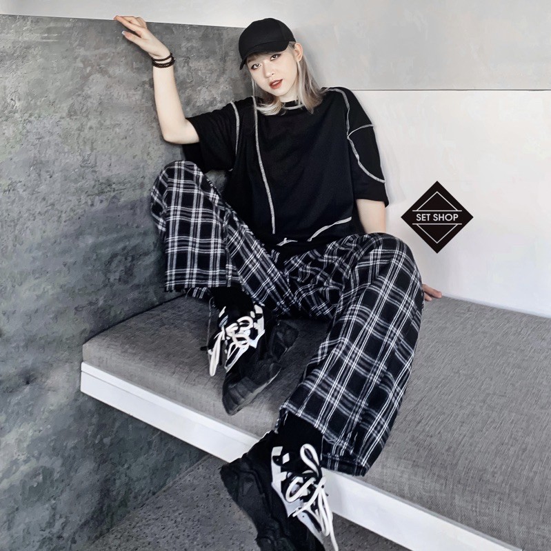 Quần kẻ caro nền đen kẻ trắng