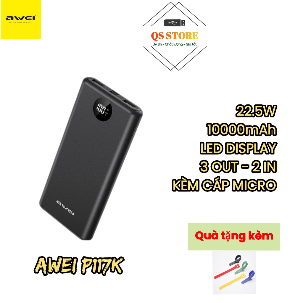 Sạc dự phòng Awei P117K nhỏ gọn, sạc nhanh 22.5W, 10000mAh, màn hình Led
