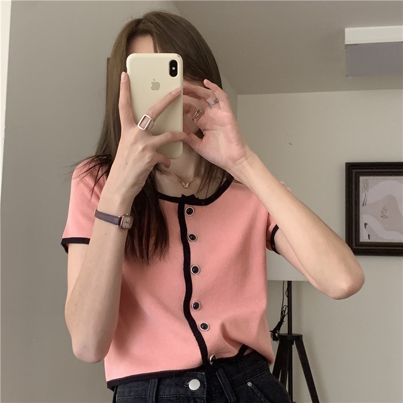 Áo kiểu dệt kim tay ngắn thời trang mùa hè cho nữ