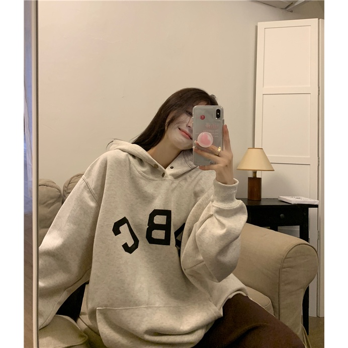Áo hoodie nữ form rộng dày ABC, hoodie nữ màu xám