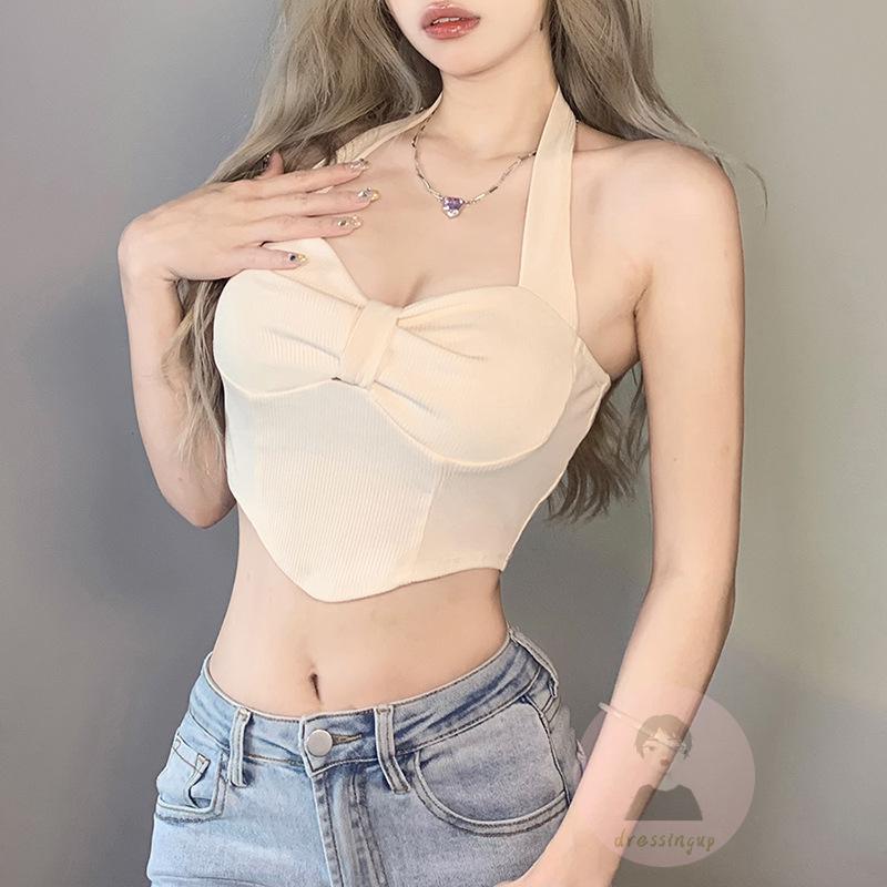 Áo Tank Top Không Tay Hở Lưng Màu Trơn Thắt Nơ Dành Cho Nữ