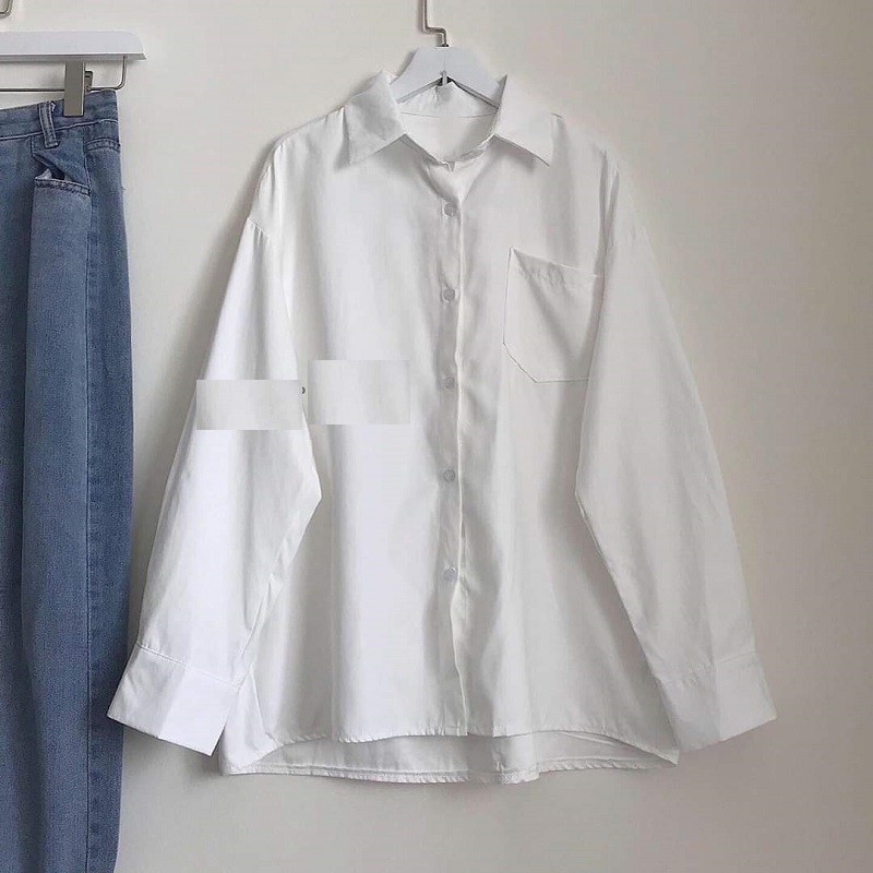 Áo sơ mi trắng nam nữ dáng rộng , có túi trước , chất liệu mịn mát , phong cách Hàn Quốc - V12