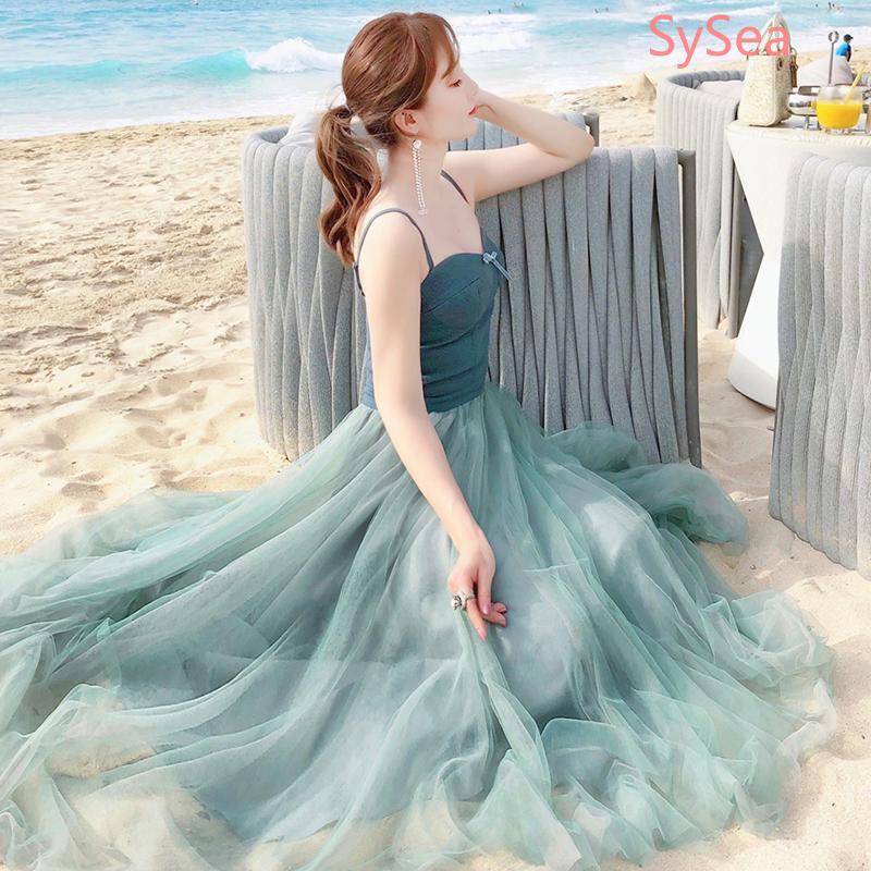 Đầm Dáng Dài Phối Lưới Thời Trang Đi Biển Cho Phái Nữ