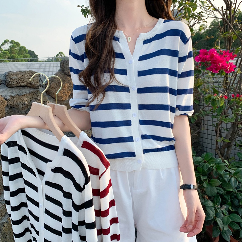 Áo cardigan dệt kim tay ngắn sọc ngang thời trang cho nữ 44876