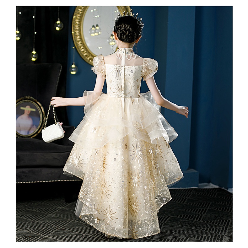 Váy công chúa bé gái thiết kế cao cấp cho bé đi dự tiệc phù dâu sinh nhật đuôi tôm màu vàng tay bồng DBG106