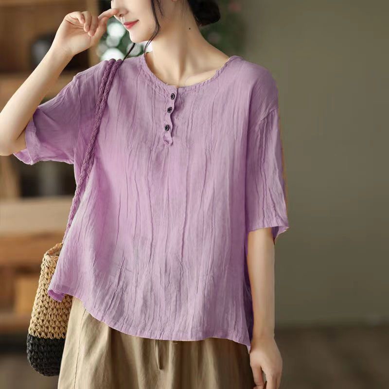 Áo Thun Cotton Linen Tay Ngắn Màu Trơn Dáng Rộng Thời Trang 2022 Cho Nữ Size M-3XL