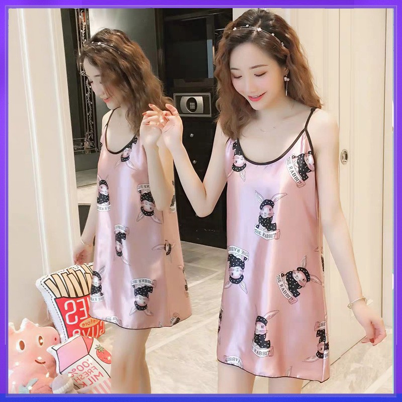 Đầm ngủ hai dây không tay vải lụa satin gợi cảm thoải mái thoáng mát dễ chịu in họa tiết hoạt hình dễ thương cho bạn nữ