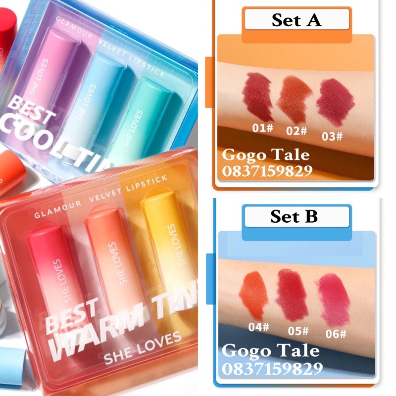 set 3 son lì siêu mịn lấp lánh 6 màu sắc SHELOVES Không chứa chì  dưỡng ẩm kháng nước lipstick