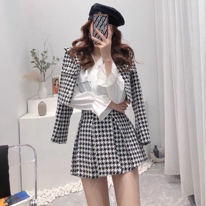 Set Dạ Kẻ Ziczac Chân Váy Xếp Li, Áo Dạ Cúc Ngọc Mix Chân Váy Dạ Quảng Châu, Set đồ xinh Hàn Quốc | BigBuy360 - bigbuy360.vn