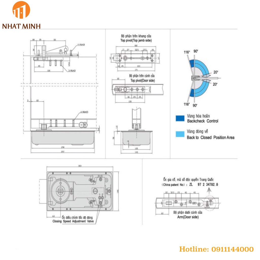 Bản lề sàn GMT N222 dùng cho cửa kính hàng chính hãng