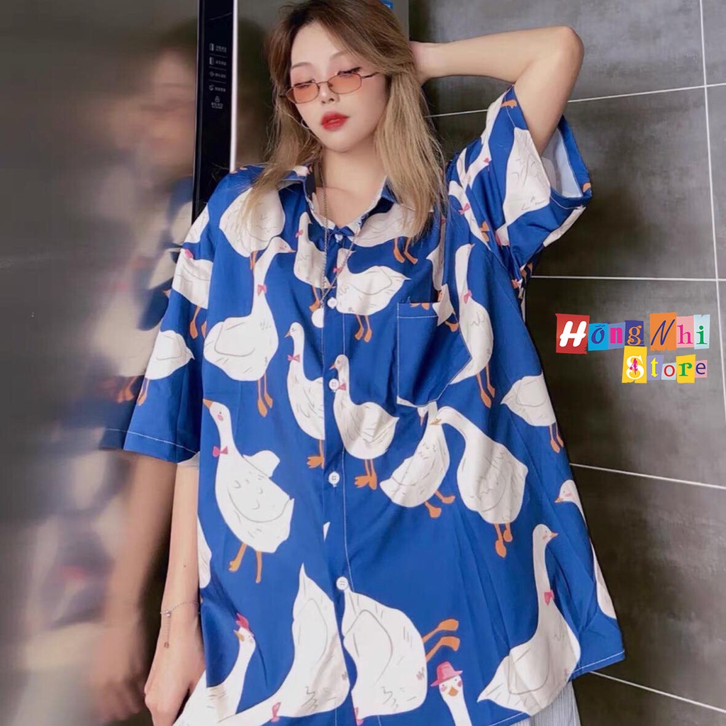 Áo Sơ Mi Hoạ Tiết Hoạt Hình Con Vịt Tay Lỡ Dáng Rộng Ulzzang Unisex, Sơ Mi Đi Biển - MM