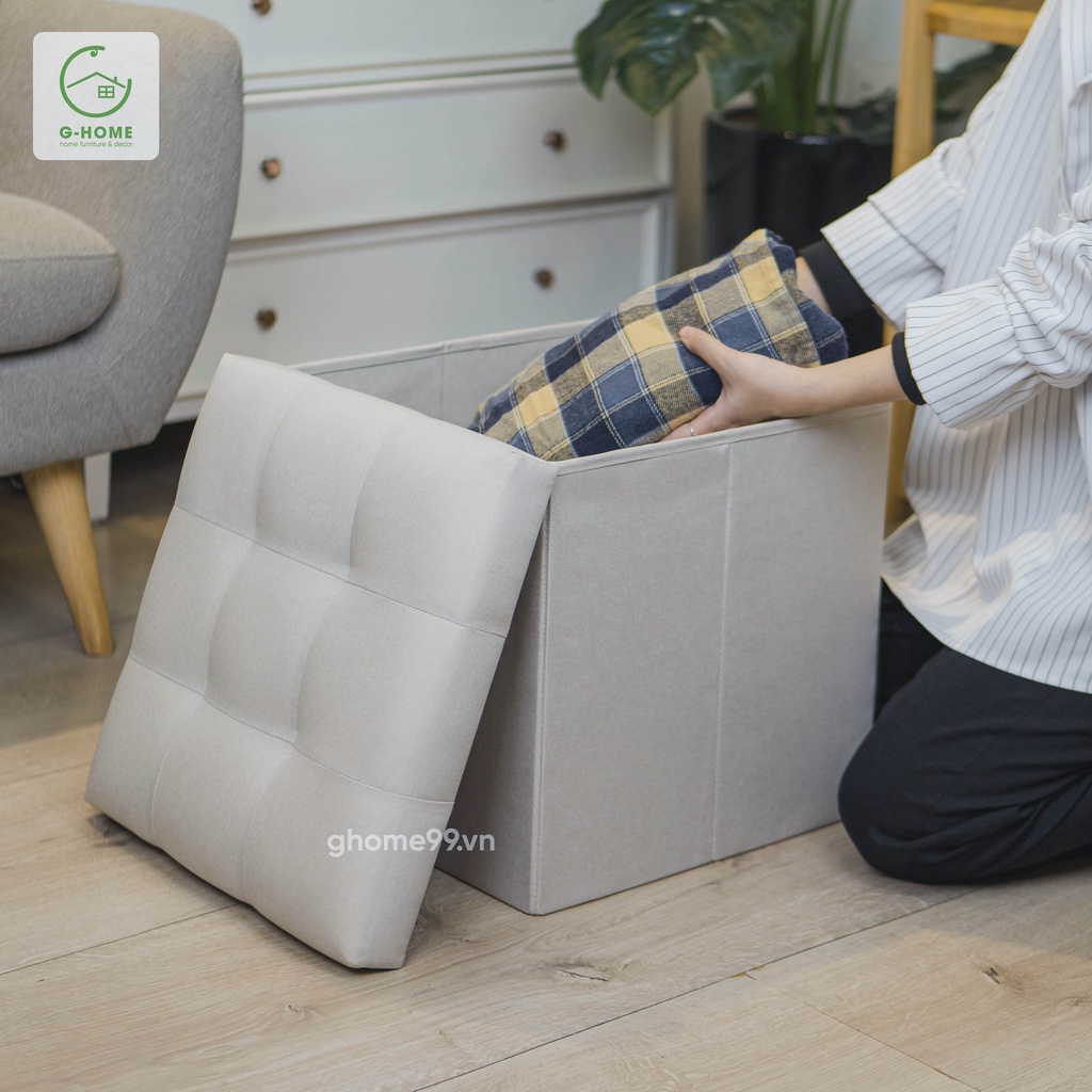 Combo thùng vải đựng đồ kiêm ghế ngồi Ghome, ghế đôn khung gỗ nhân tạo bọc vải chắc chắn, tiện lợi TV04