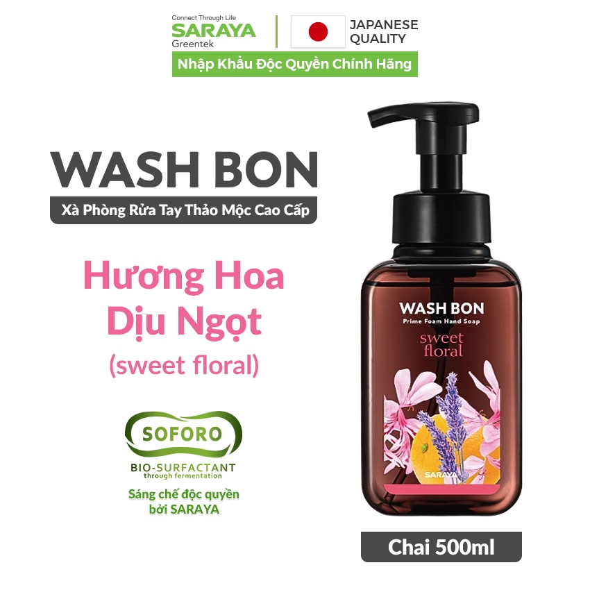 Xà phòng rửa tay thảo mộc tạo bọt Saraya Wash Bon hương hoa dịu ngọt, làm sạch và dịu nhẹ với da tay - 500ml