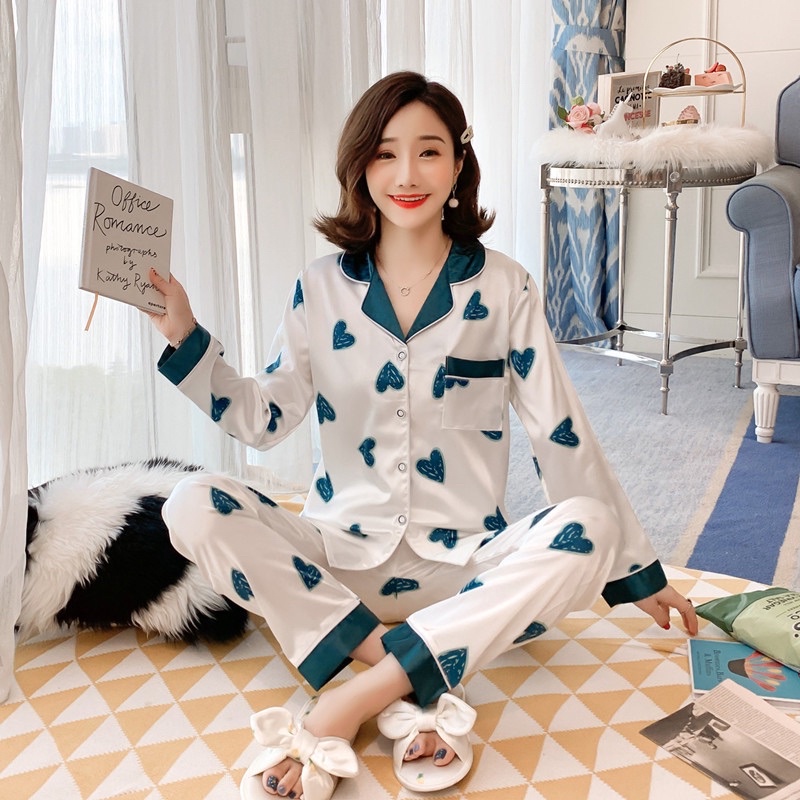 Bộ Pizama mặc ngủ mặc nhà phi lụa họa tiết lá trái cây nhiều màu