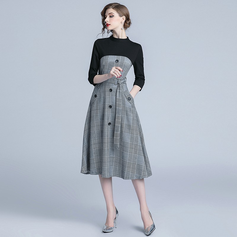 Women's Fashion High Quality Midi Paneled Check Dress With Belt | BigBuy360 - bigbuy360.vn