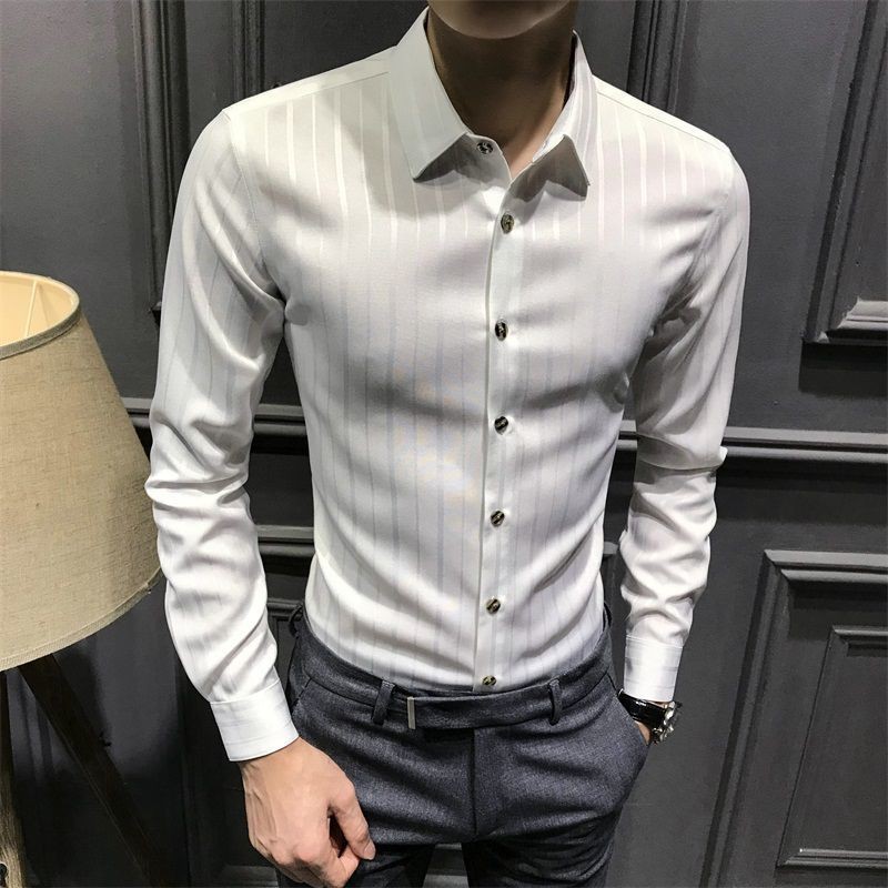 【Non-iron shirt】Men Formal Button Smart Casual Long Sleeve Slim Fit Suit Shirt Men's striped shirt Korean slim trend long sleeve shirt ruffian handsome business non iron white inch shirt casual Quarter Sleeve
