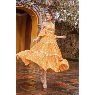 SÒ VINTAGE - MANI Đầm hoa hai dây rớt vai viền ren