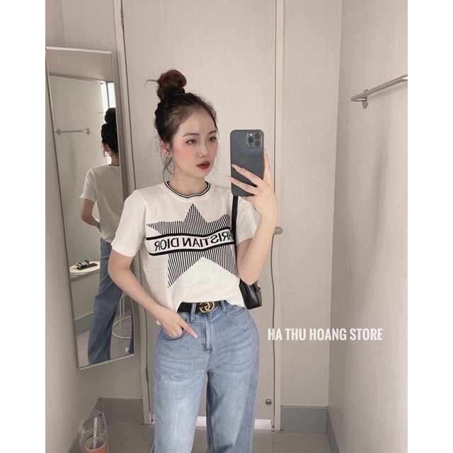 Áo len mongtoghi nữ cổ tròn họa tiết ngôi sao , áo len dệt kim kiểu cải viền cổ chữ Christian dior