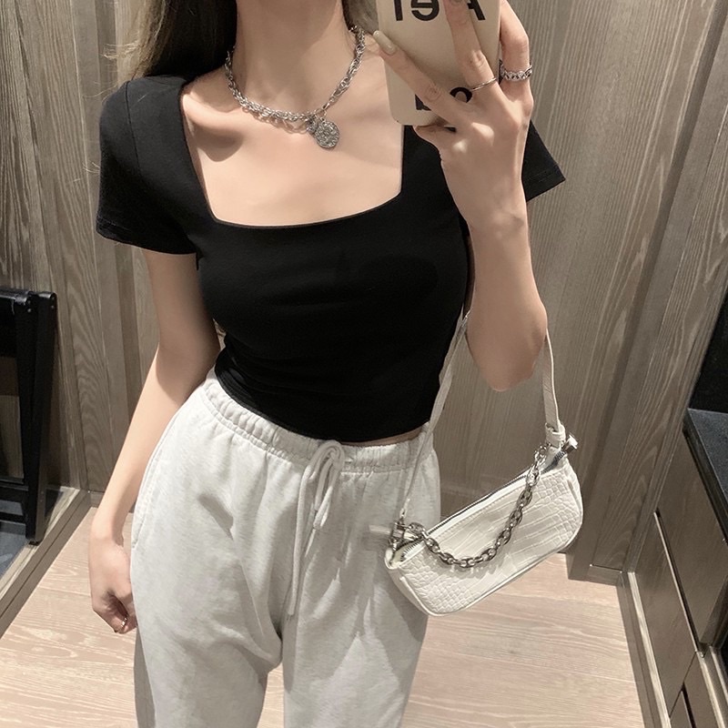 Áo Croptop Cổ Vuông Tay Ngắn Form Ôm Body Tôn Dáng Gợi Cảm Chất Thun Thoáng Mát