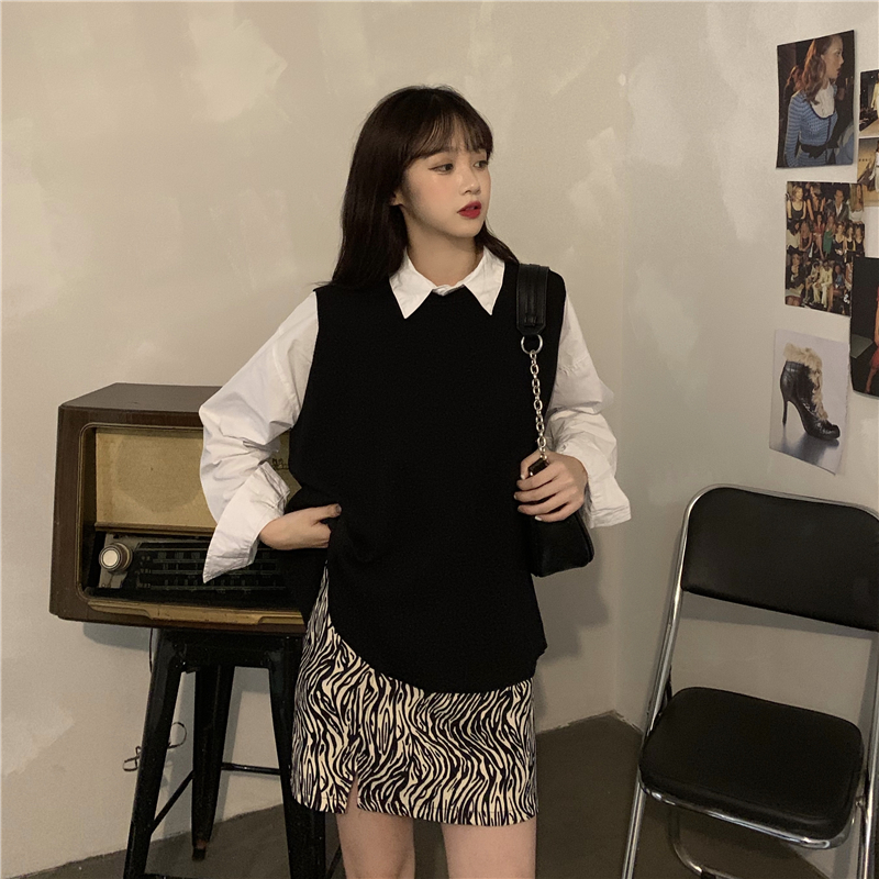 Set áo sơ mi tay dài kèm áo khoác len không tay và chân váy chữ A thời trang dành cho nữ | BigBuy360 - bigbuy360.vn