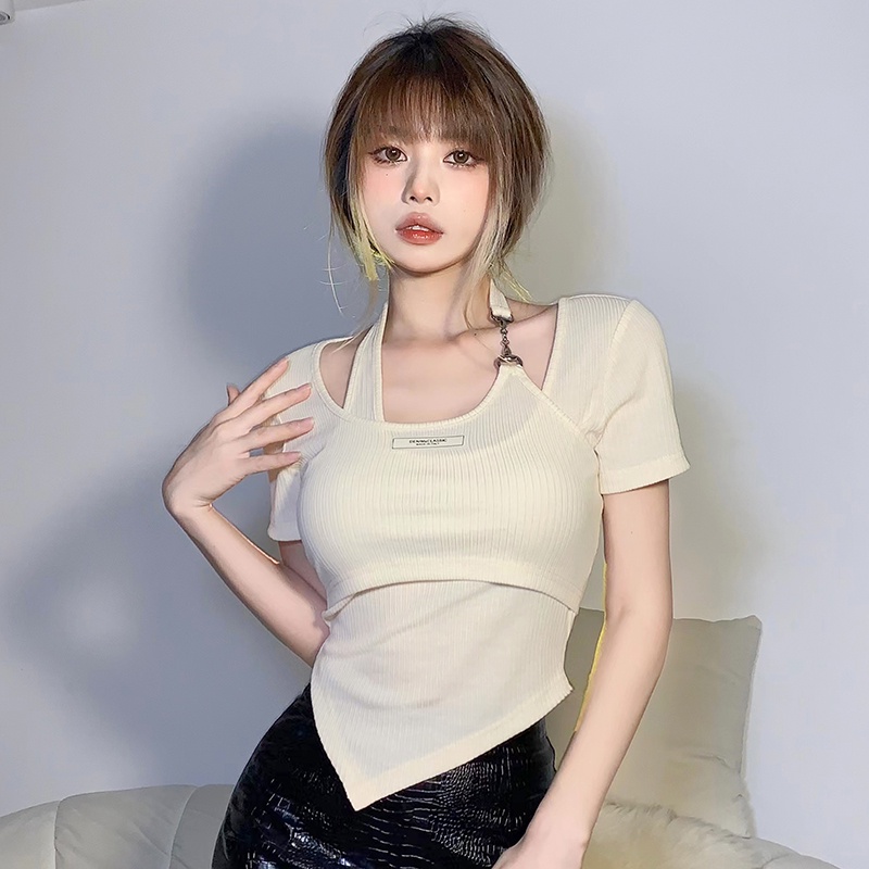 Áo thun crop top Kliou tay ngắn cổ yếm lệch màu trơn thời trang mùa hè dành cho nữ 2022