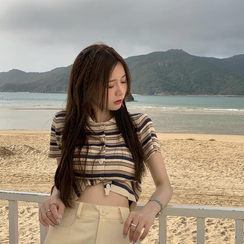 Áo cardigan ZHELIHANGFEI dệt kim ngắn tay cổ bẻ họa tiết kẻ sọc thời trang