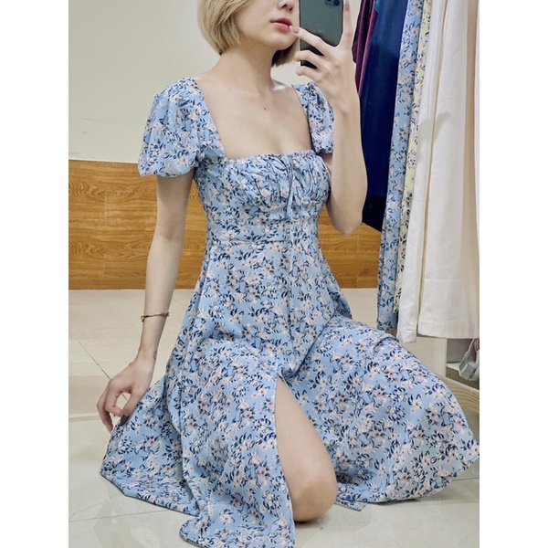 Midili dress, đầm midi xẻ tà hoa nhí xanh