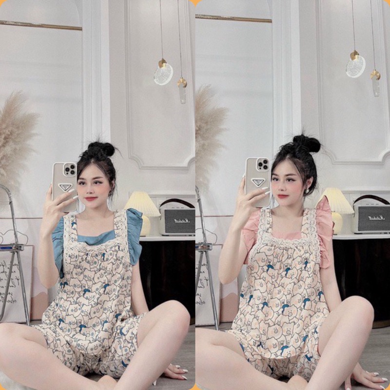 Mẫu bộ mặc nhà viền kẻ tay bèo phong cách tiểu thư